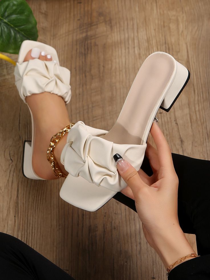 Ruched Block Heel Slide Sandals[ Code 19 ]