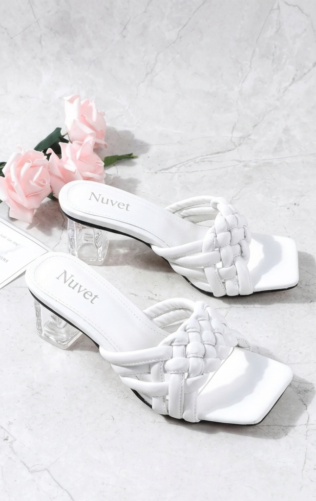 Nuvet Woven Clear Block Heel Mule Sandals [ Code 24 ] (White, 36)